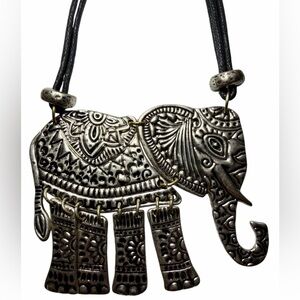 Silver Tone Elephant Statement Necklace | Black Cord | Adjustable | Boho Tribal
